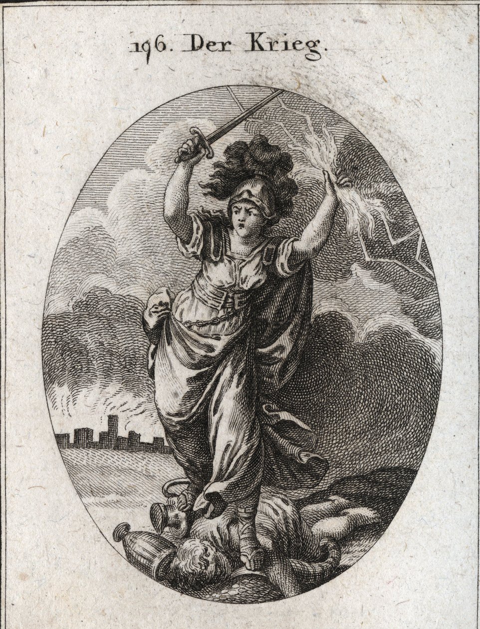 Allegory of War. She Holds a Lightning and a Nude Sword and Breaks Under Her Feet Gold and Silver Vases and a Statue of the God Plutus Which Is Symbolized by a Horn of Abundance and a Blindfold. At the Bottom, the Walls of a Ruined City. Engraving in 