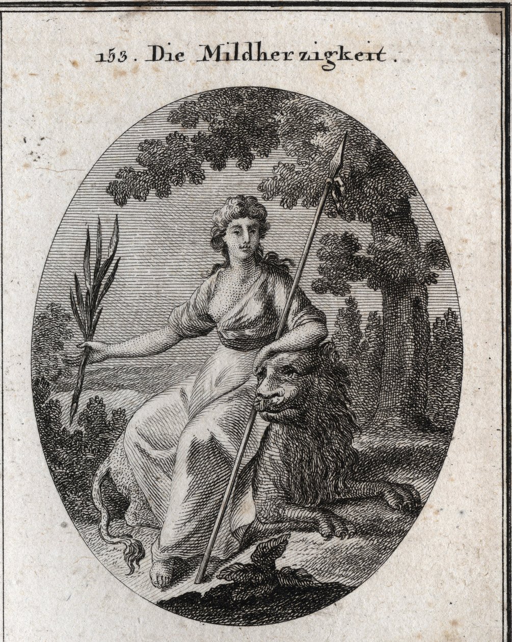 Clemency allegory. She is represented holding a spear and an olive branch to indicate that she has the power to punish but also to forgive. The lion is the attribute of generosity. Engraving in “Iconologie oder Ideen aus dem Gebiete der Leidenschaften un by Austrian School