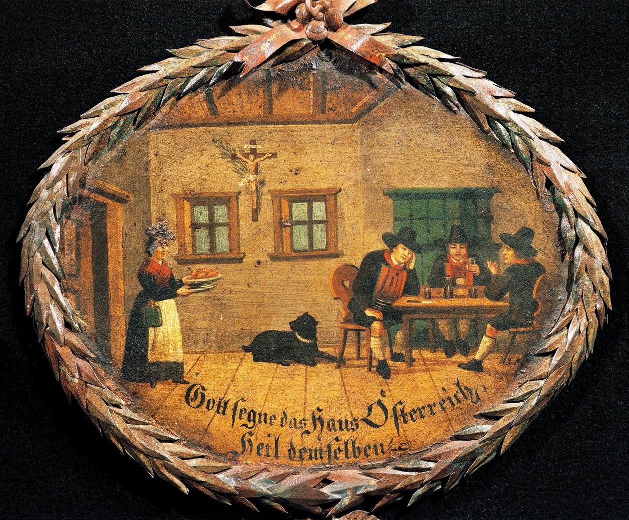 Customers sitting at table in inn and waitress, oval sign for inn, Austria by Austrian School