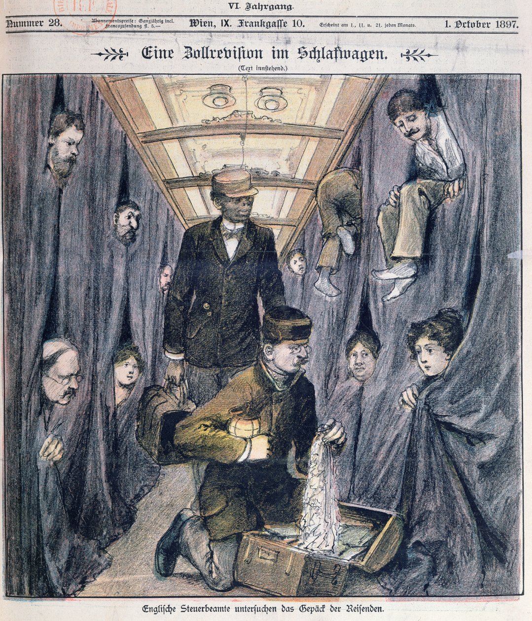 English customs officials examining luggage in a sleeper car by Austrian School