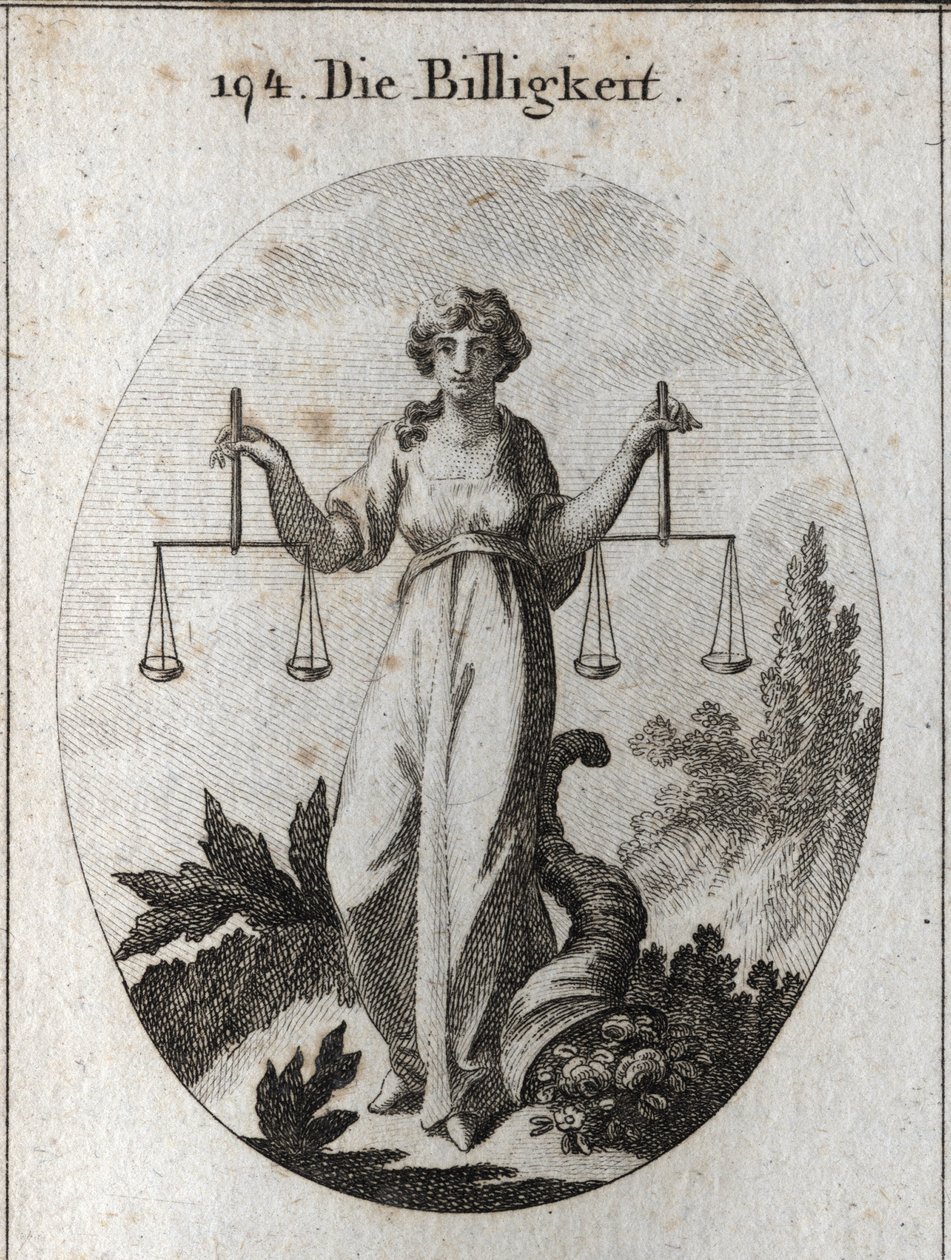 Allegory of Equity Holding Two Scales at the Same Height. Her Attribute is the Horn of Abundance to Show That She Rewards with Goodness After Having Rightly Cleared. Engraving in 