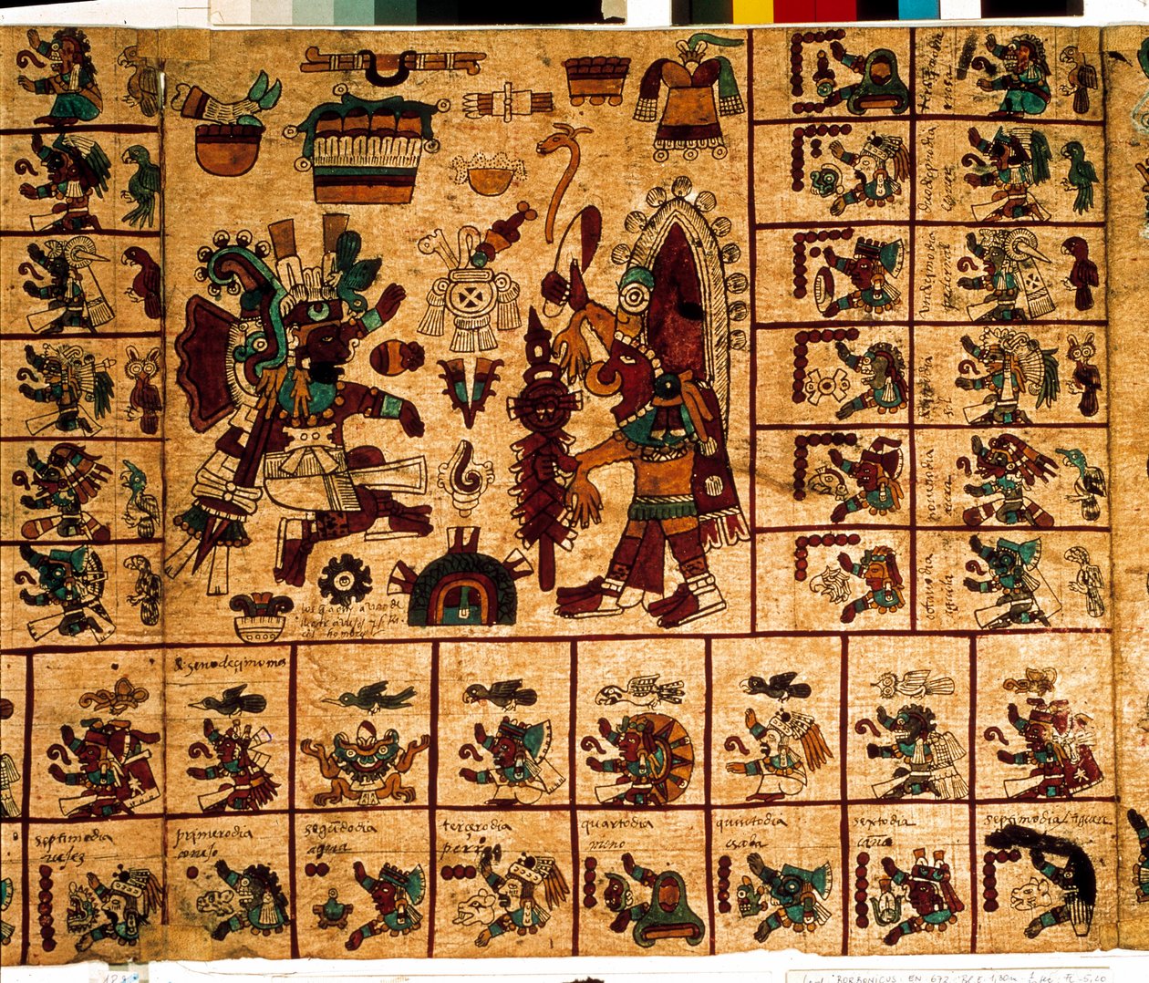 Representation of Aztec deities and boxes corresponding to the calendar. Page of the Aztec manuscript on bark 