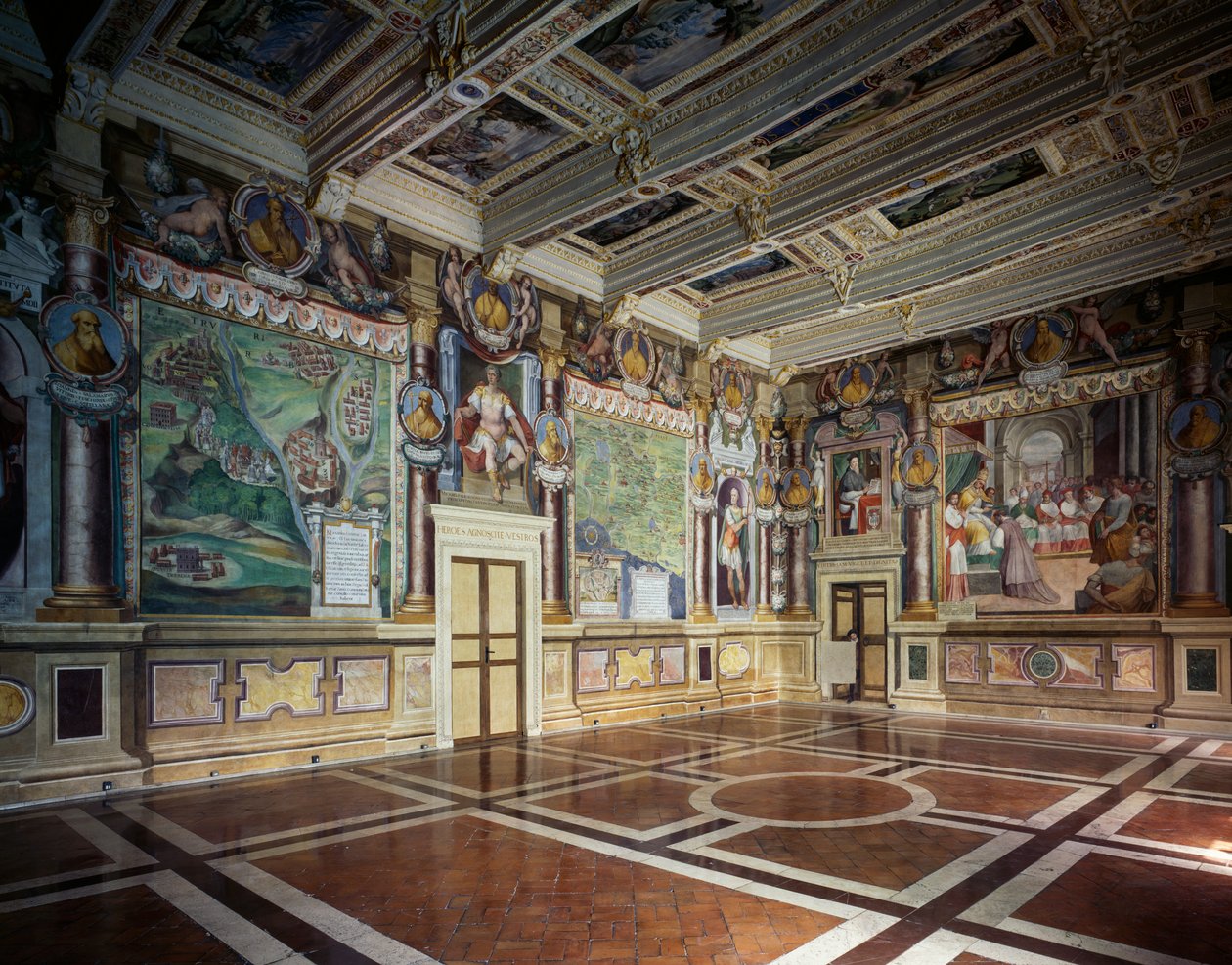 Royal or Hercules Hall with Frescoes by Baldassare Croce Depicting Mythological and Historical Scenes of the City of Viterbo, Wooden Coffered Ceiling with the Possessions of the City, Town Hall (formerly Palazzo dei Priori), Viterbo, Lazio, Italy by Baldassare Croce