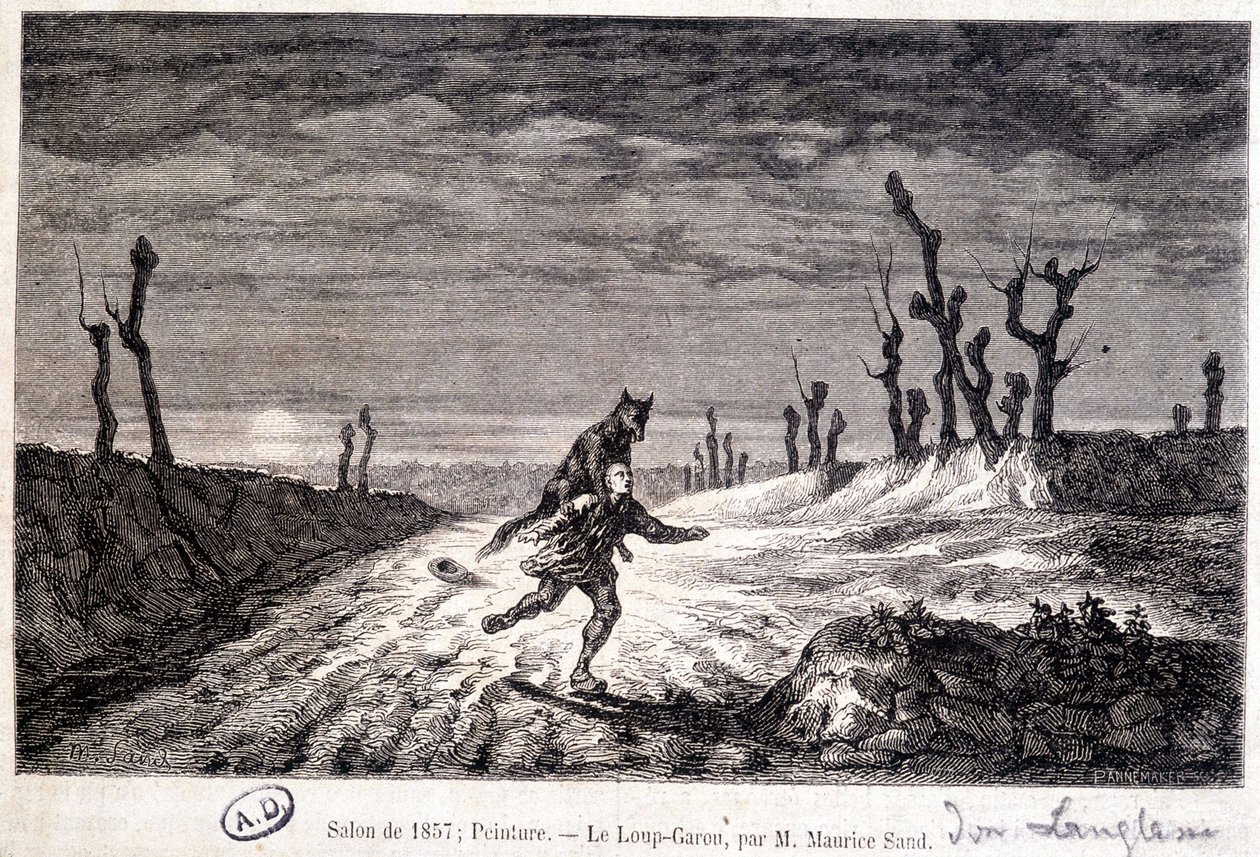 Werewolf attacking a man - from painting by Maurice Sand exhibited at the Salon of 1857 by Baron Dudevant Jean Francois Maurice (after) Sand