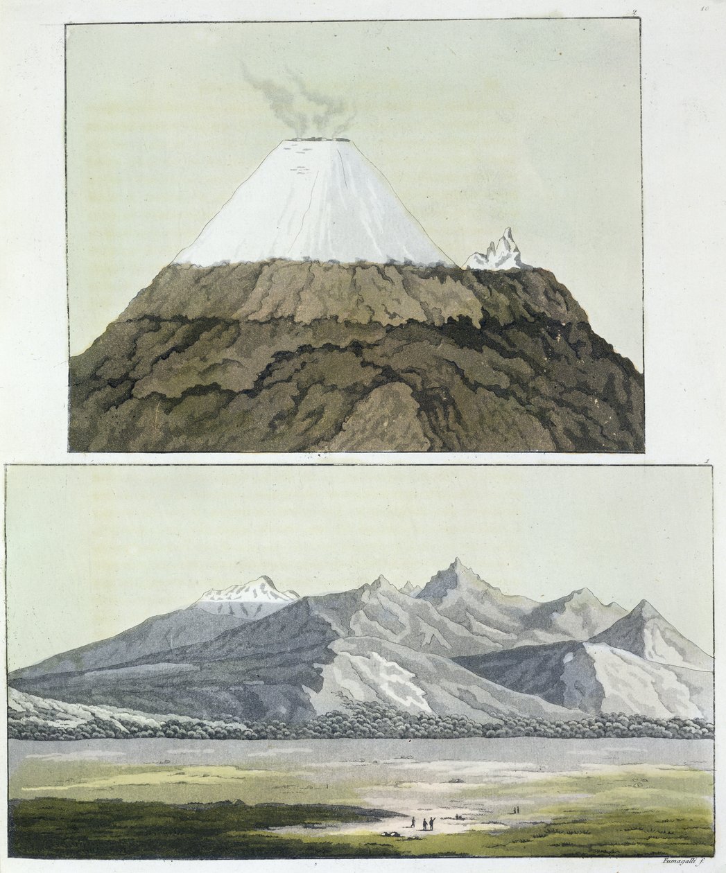 Summit of Cotopaxi (top), and the eruption of Cotopaxi, 1803, from 