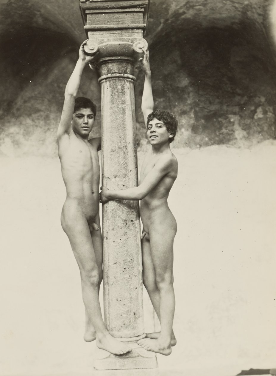 [Two Boys Holding onto a Column] by Baron Wilhelm von Gloeden