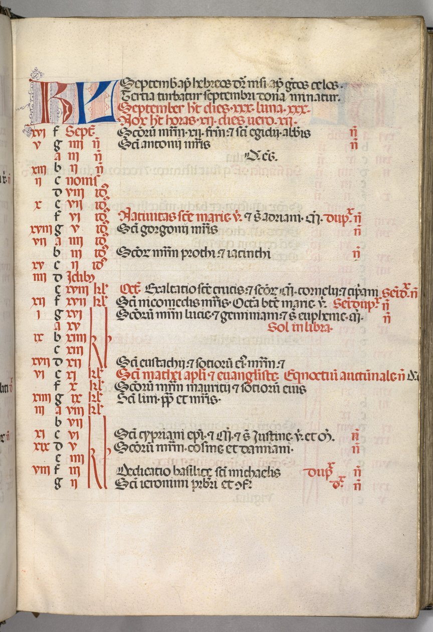 Missale: Fol. 7r: September Calendar Page by Bartolomeo Caporali