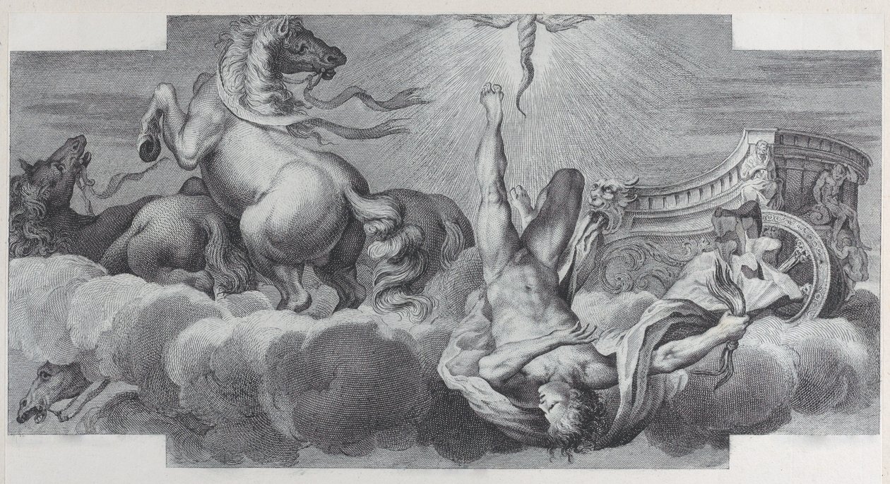 Plate 34: Auriga, the charioteer, falls from the chariot at center, with three horses at l..., 1756 by Bartolomeo Crivellari, Gabriel Söderling