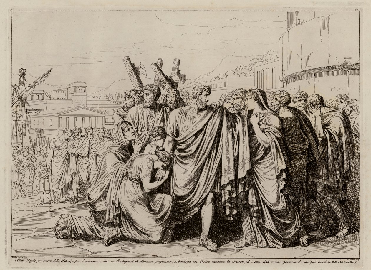Atilius Regulus preparing to leave Rome to return to captivity in Carthage by Bartolomeo Pinelli