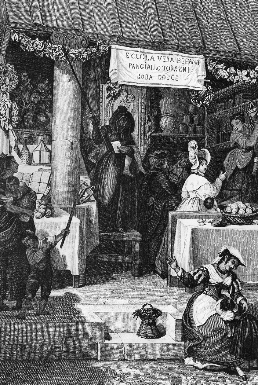 Befana, Stall Selling Sweets and Nougat in Piazza Navona during Epiphany, Rome by Bartolomeo Pinelli