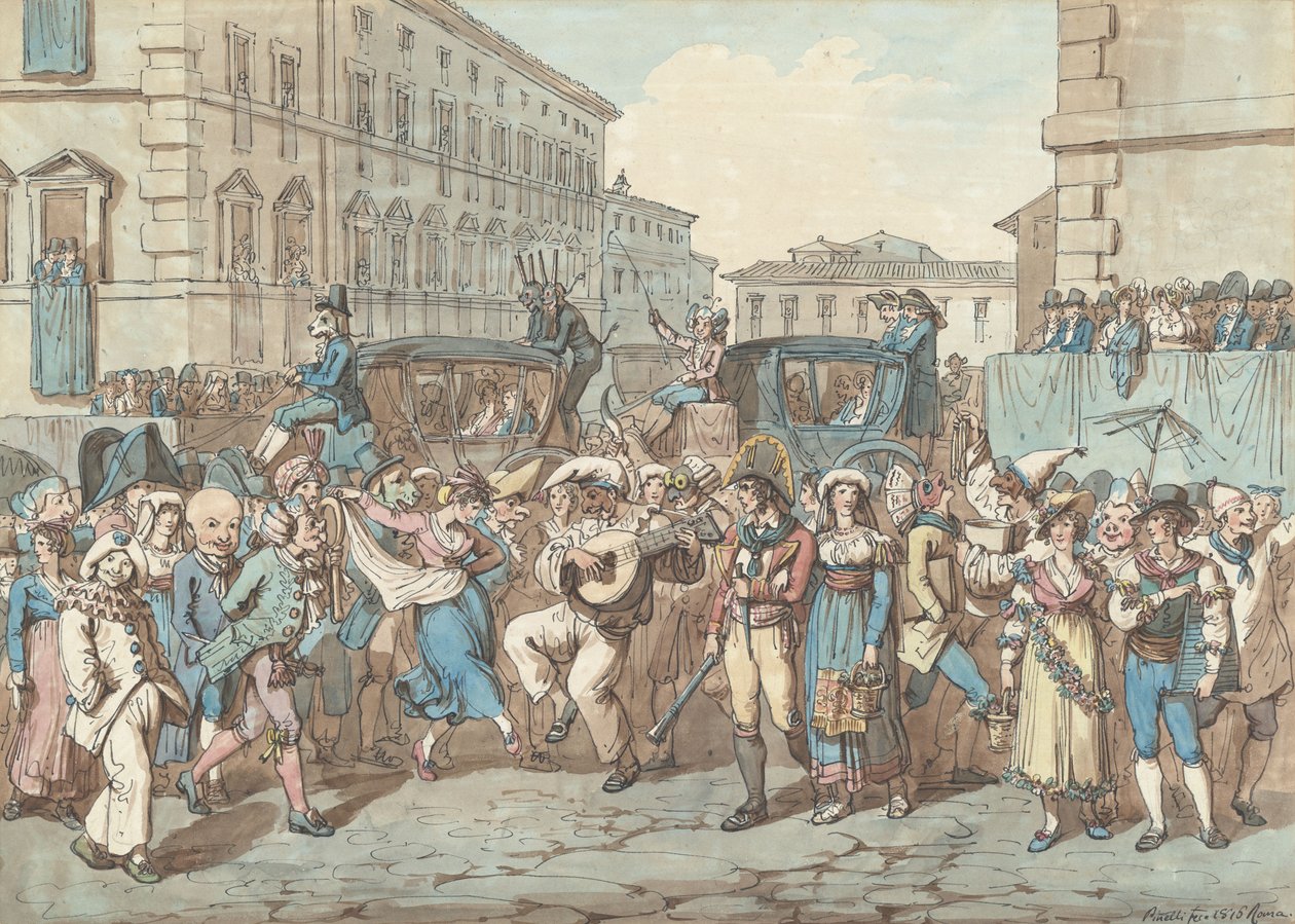 Carnival in Rome, illustration for Roman Costumes and Customs by Bartolomeo Pinelli