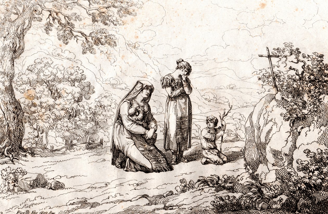 Ciociara Woman Praying in Front of the Cross Where Her Husband Was Killed, etching by Bartolomeo Pinelli