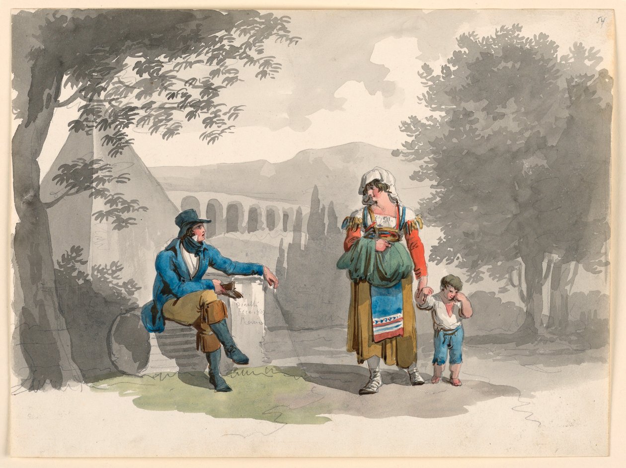 A Woman Holding a Boy with Her Hand Passing a Gentleman Seated Among Ruins in the Campagna, 1807 by Bartolomeo Pinelli