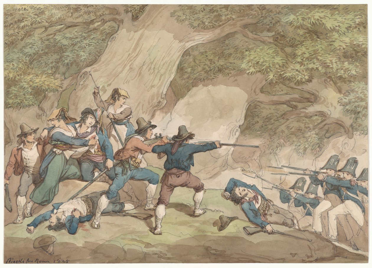 Gendarmes of the Kingdom of Naples Fighting the Calabrians, illustration for Roman Costumes and Customs by Bartolomeo Pinelli