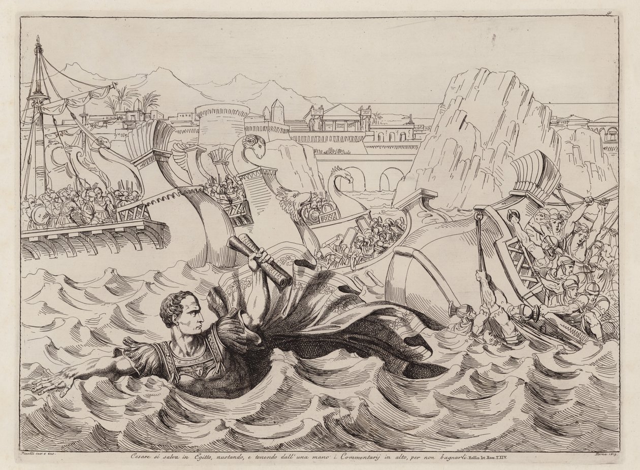 Julius Caesar saving his Commentaries from getting wet by Bartolomeo Pinelli