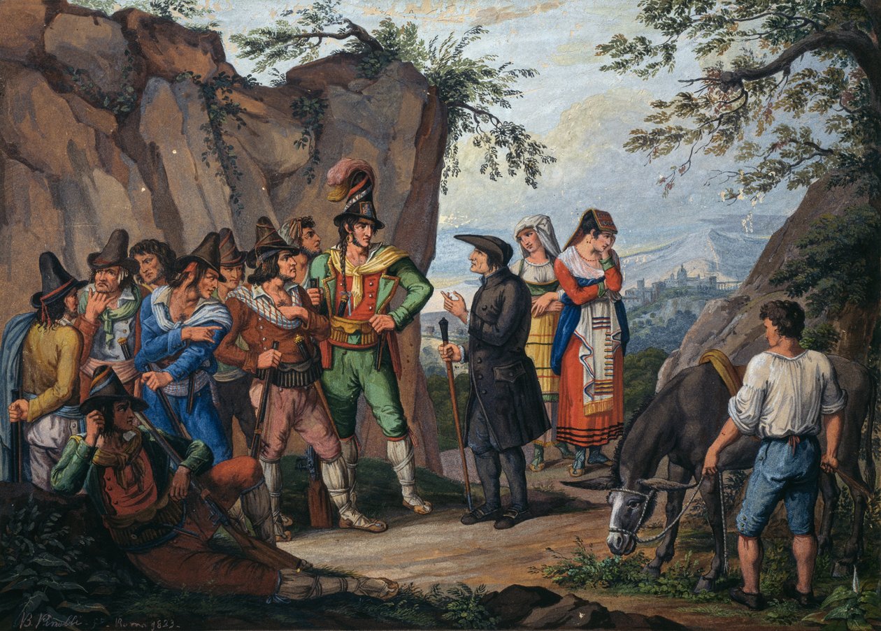 Negotiations for surrender between brigand Gasparone and Archpriest Pellegrini by Bartolomeo Pinelli