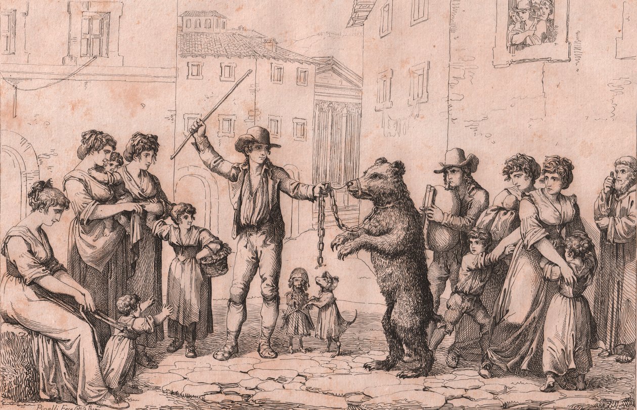 The Bear Dance in Rome, Etching by Bartolomeo Pinelli by Bartolomeo Pinelli