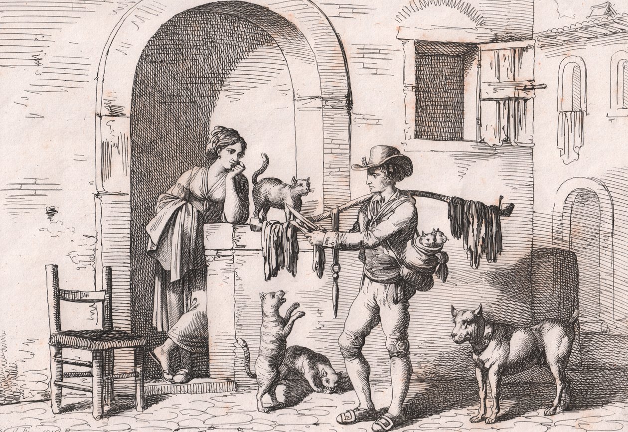 The Carnacciaro, Street Vendor of Cat Meat, Etching by Bartolomeo Pinelli by Bartolomeo Pinelli