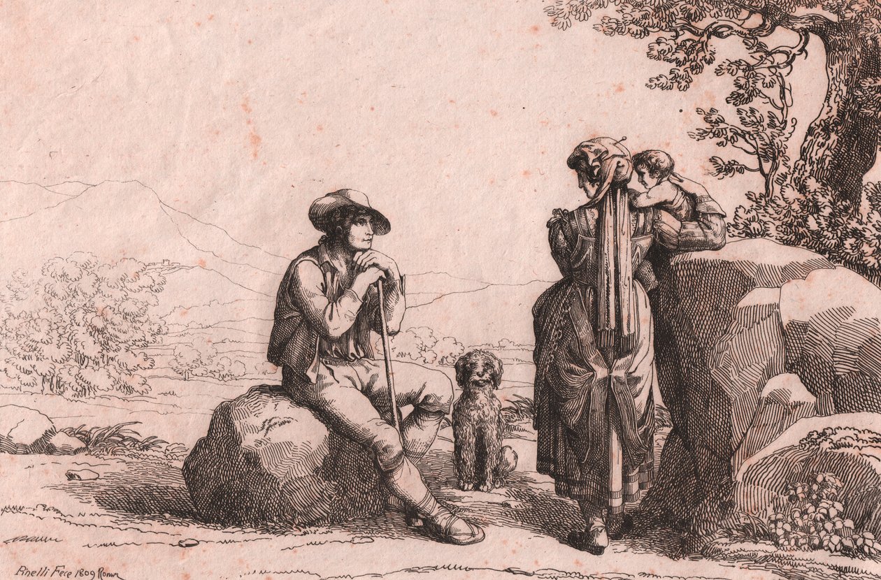 Two Commoners with a Baby and a Dog in Fraine, Abruzzo, etching by Bartolomeo Pinelli