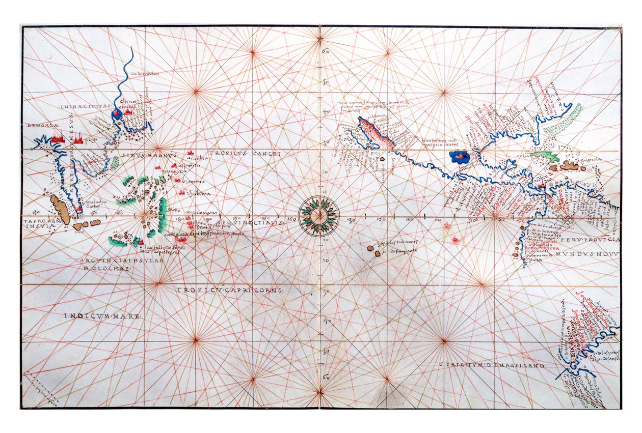 Navigation Chart Showing China, Ceylon and the Philippines and the Tropics of Cancer and Capricorn, c.1540 by Battista Agnese