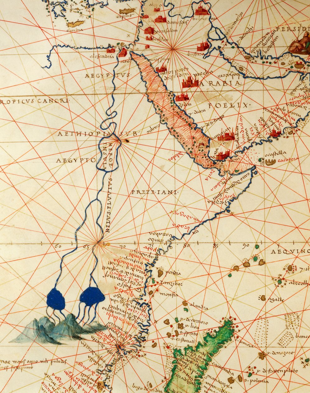 The Indian Ocean and part of Asia and Africa: the course of the Nile river, from Atlas of the World in thirty-three Maps by Battista Agnese