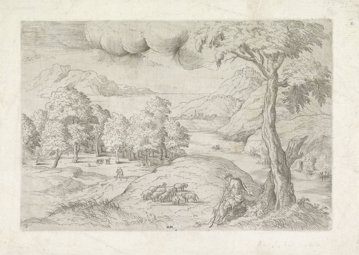 Panoramic Landscape with Ruins, a City and Travellers by Battista Angolo del Moro