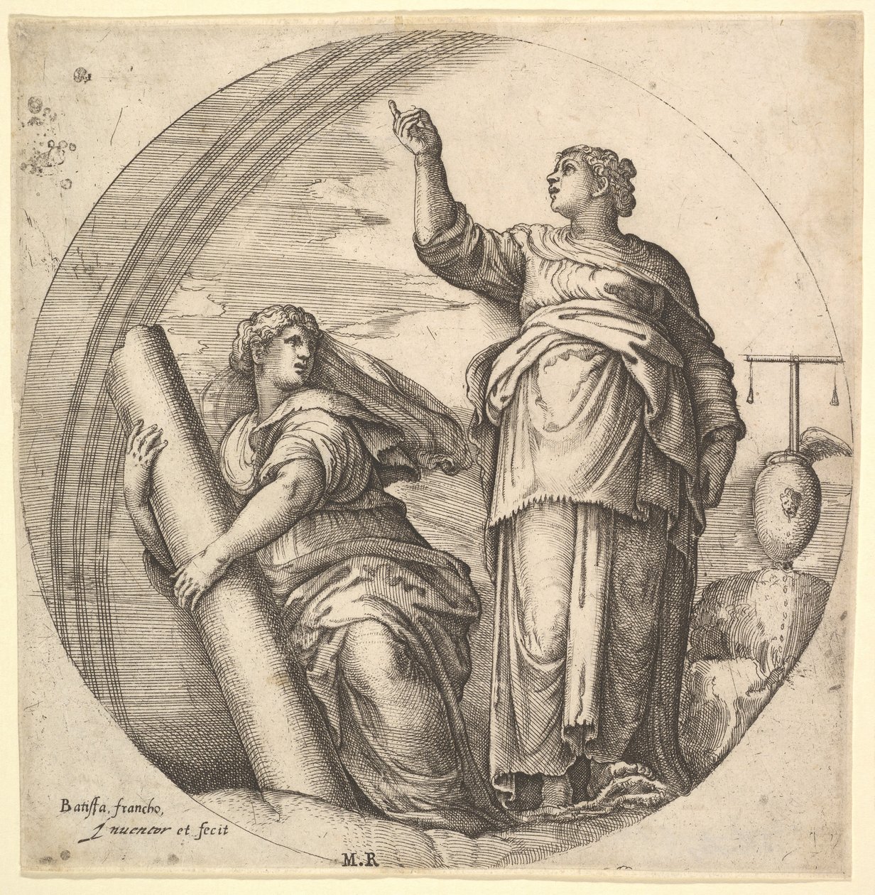 Fortitude and Justice, an allegorical composition in round format, with Fortitude by Battista Franco Veneziano