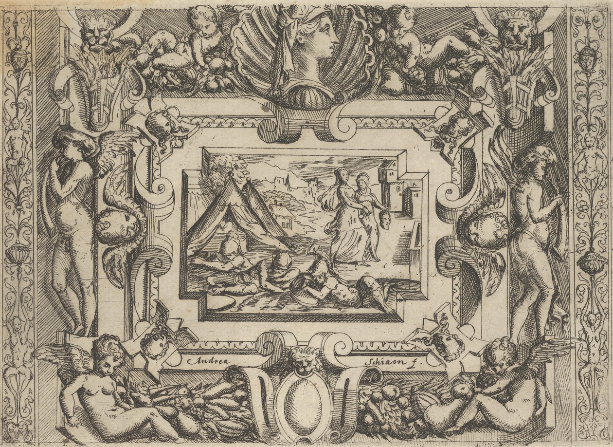 Judith and maidservant with the head of Holofernes, set within an elaborate frame, c. 1540-1580 by Battista del Moro