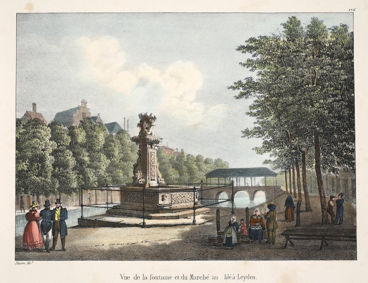Vue de la Fontaine et du Marché au Blé a Leyden by Belgian School