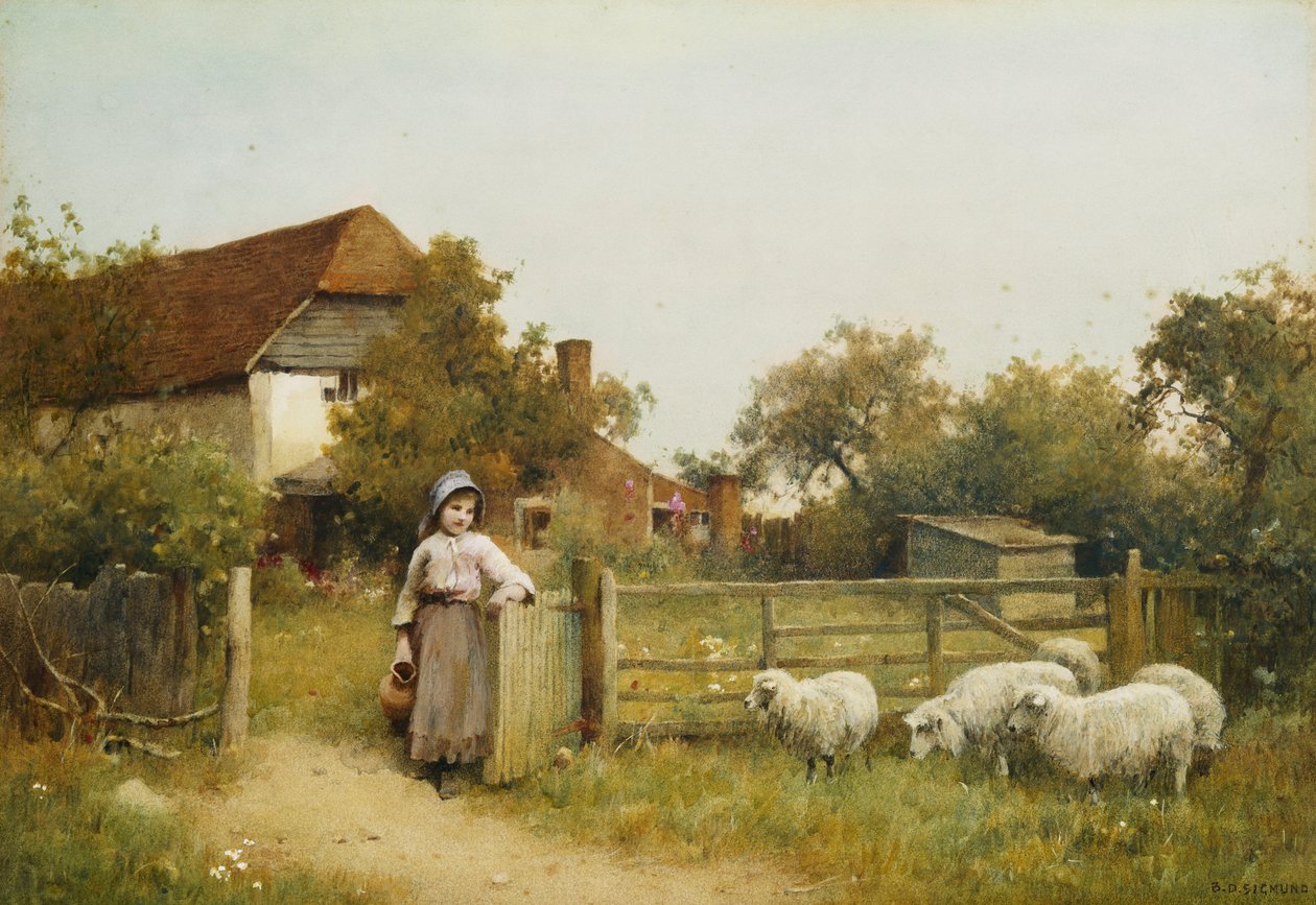 Young Girl with Sheep, by a Cottage by Benjamin D. Sigmund
