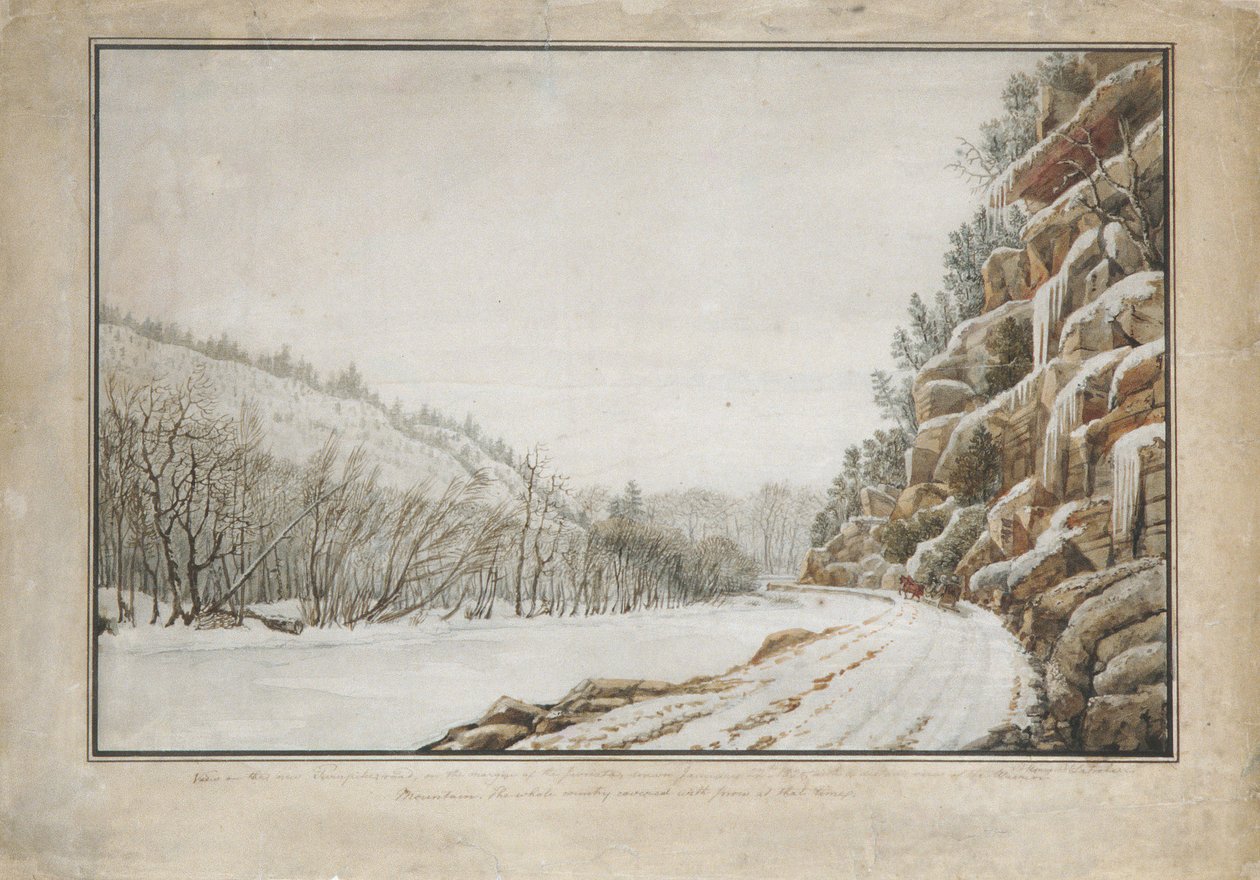 View on the New Turnpike Road, on the Margin of the Juniata, with a Distant View..., 1820 by Benjamin Henry Latrobe