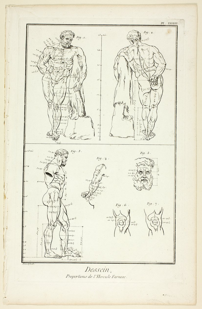 Design: Proportions of the Farnese Hercules, from Encyclopédie by Benoit Louis Prevost