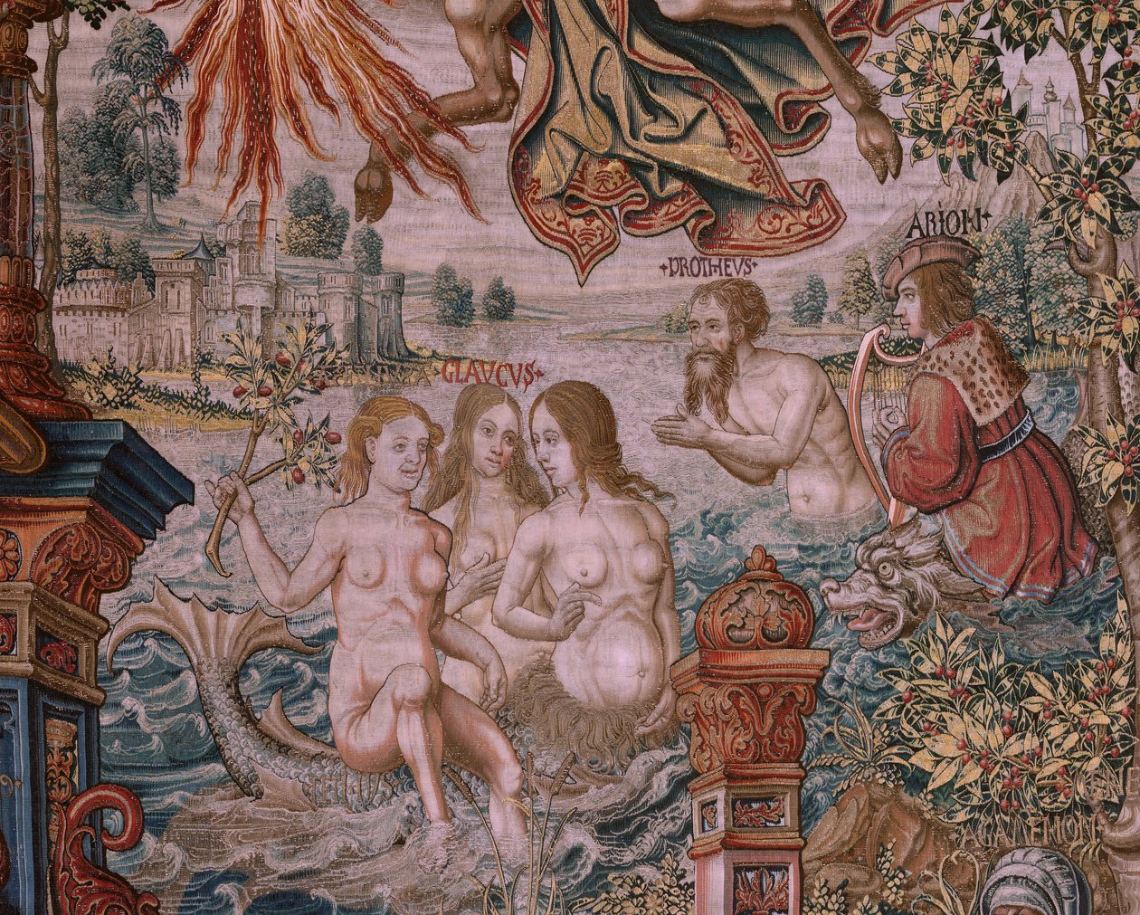 Flemish tapestry. Series The Honours. Fame. Third tapestry in the series. Model Cartoonists from the circle of Bernard van Orley and Jan Gossaert (Mabuse). Manufacture Pieter van Aelst, Brussels. Ca 1550. Fabric Gold, silver, silk and wool. by Bernaert van (circle of) Orley