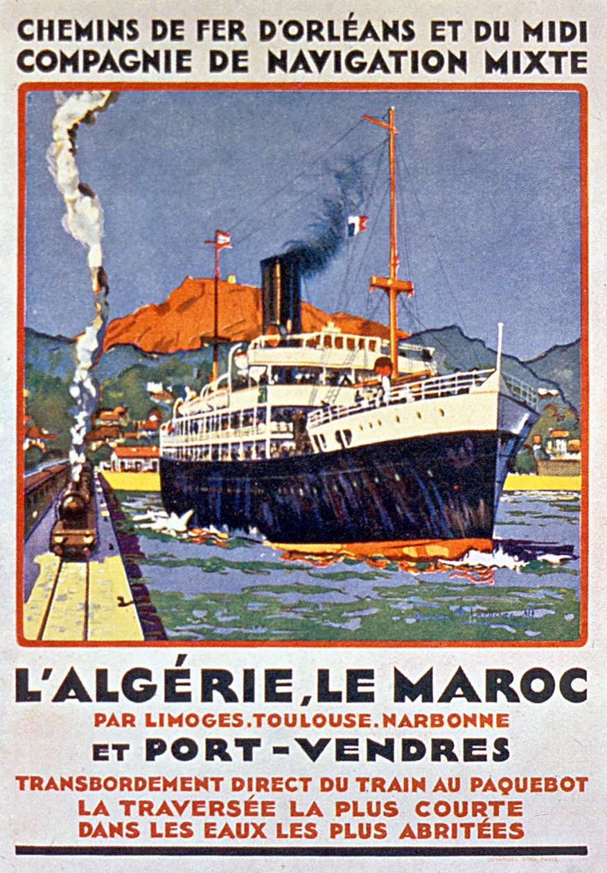 Advert Poster for French Railway to Algeria and Morocco from France via Limoges Toulouse Narbonne and Port Vendres c. 1900 by Bernard Lachevre