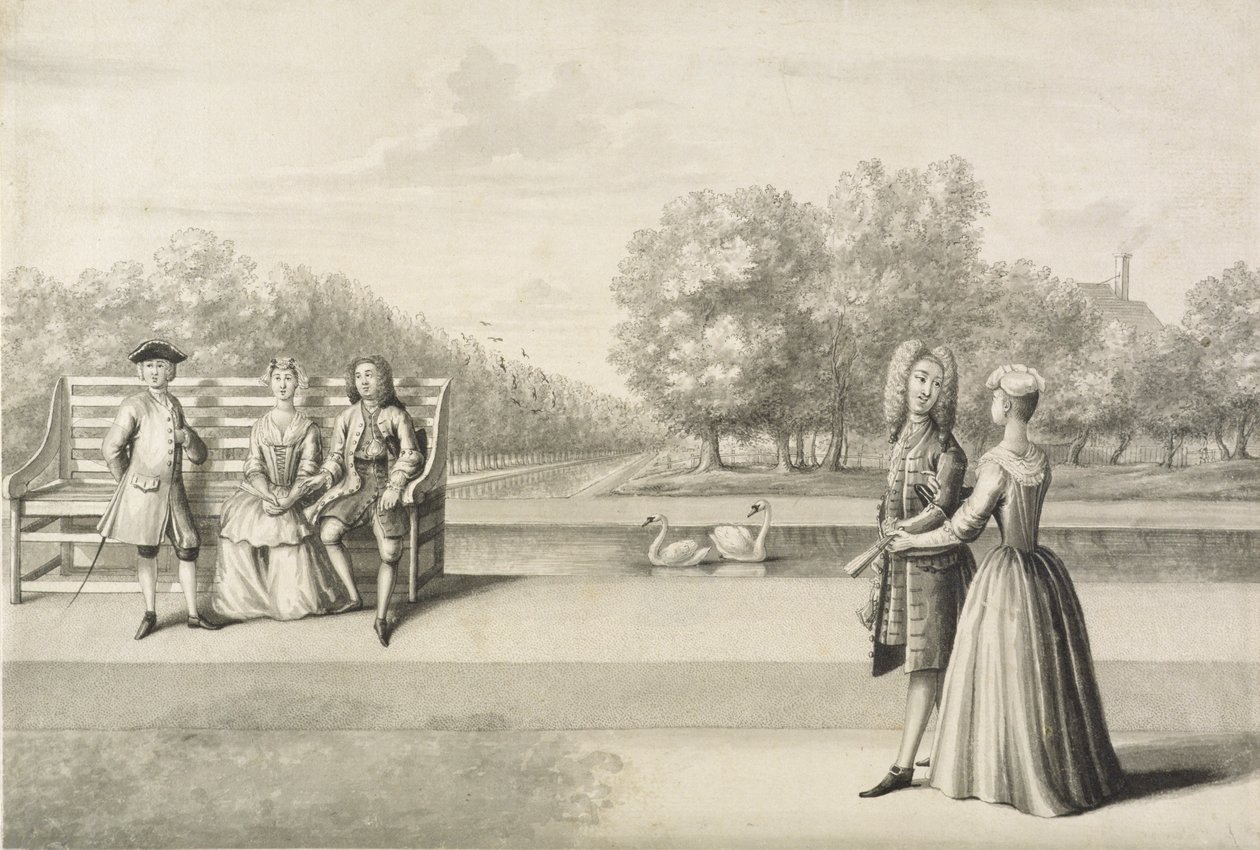 Figures on the bank of the Long Water, Hampton Court Palace by Bernard Lens