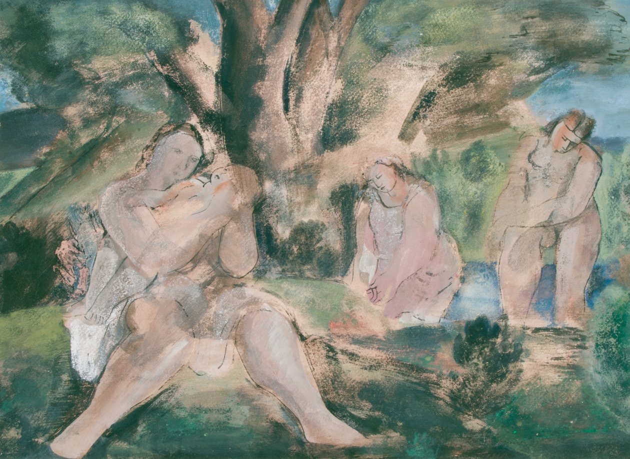 Three women and child bathing under a tree by Bernard Meninsky