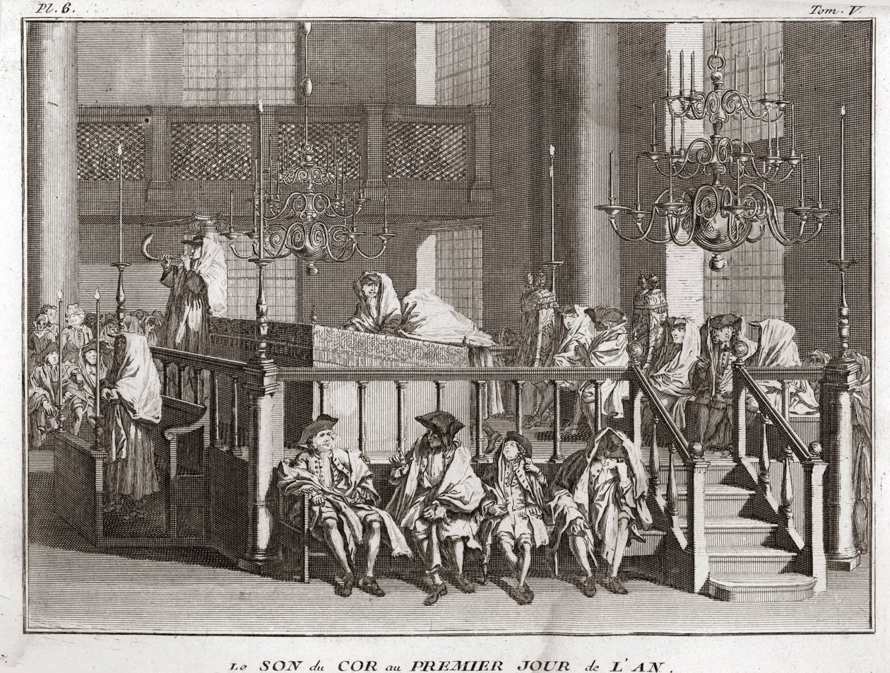 Judaism: the sound of the horn on the first day of the year (sound of the shofar on Rosh Hashana) Engraving from Illustration of religious ceremonies and customs of all peoples by Bernard Picart