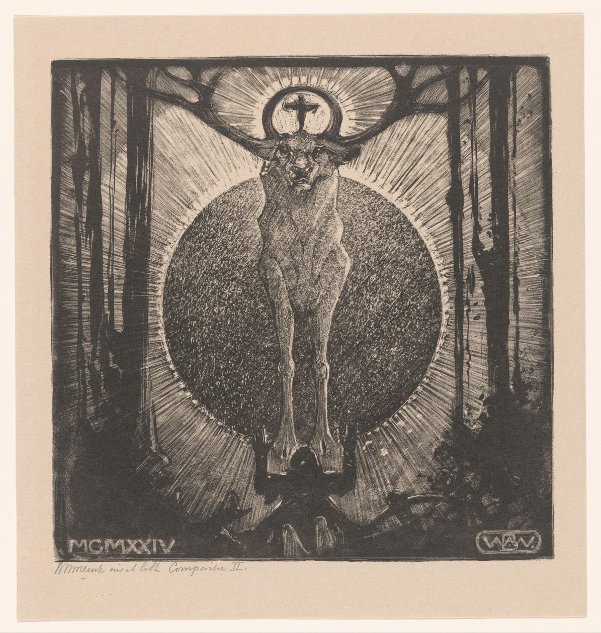 Kneeling Figure Before the Appearance of a Deer (The Vision of St. Hubertus) by Bernard Willem Wierink (signed by artist)