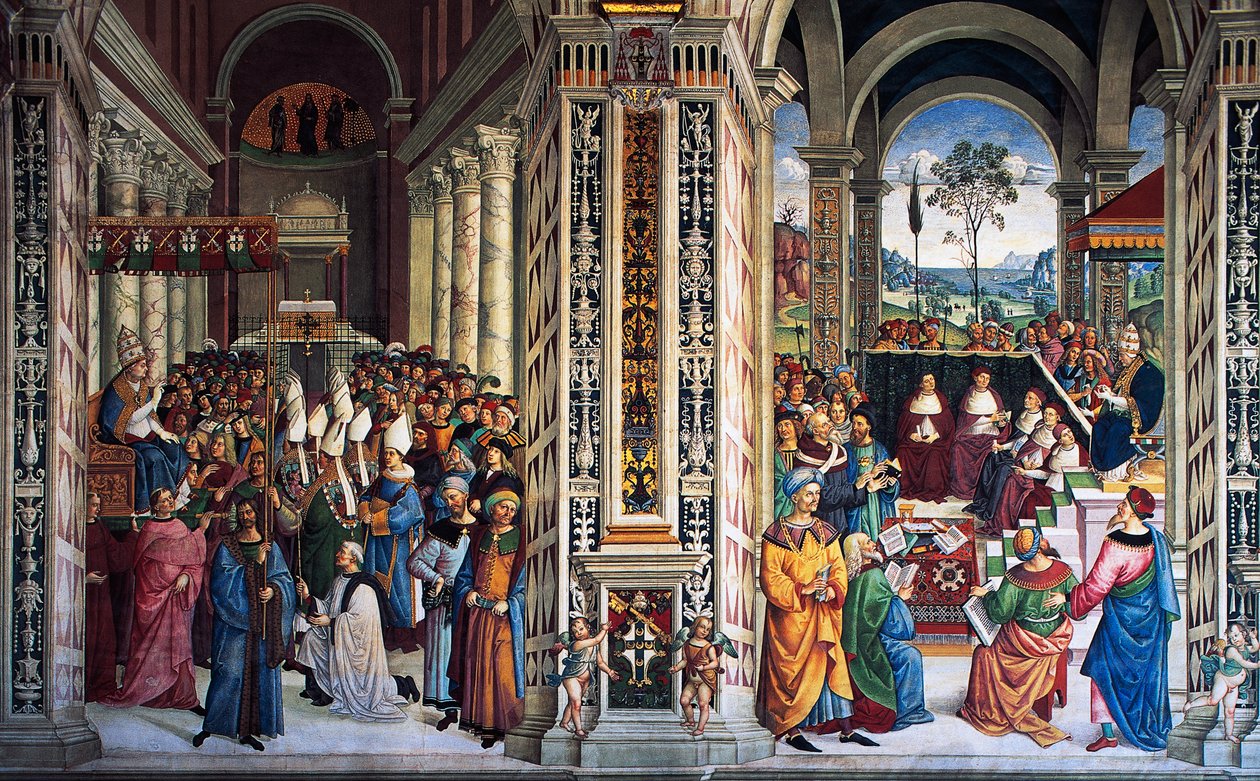 Pius II arriving in Ancona to start crusade, fresco by Pinturicchio, Piccolomini Library, Cathedral of Siena, Italy by Bernardino di Betto Pinturicchio