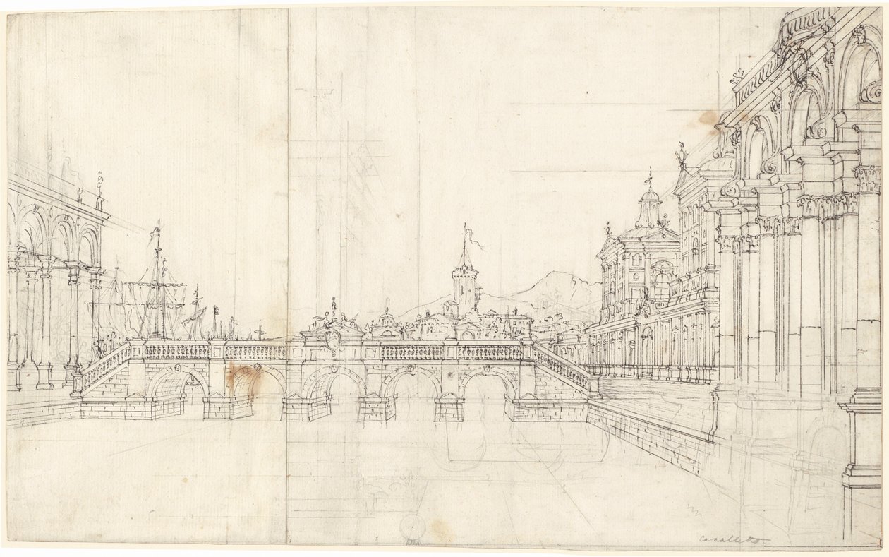 A Capriccio of Palaces and a Loggia Facing a Classical Bridge by Bernardo Bellotto