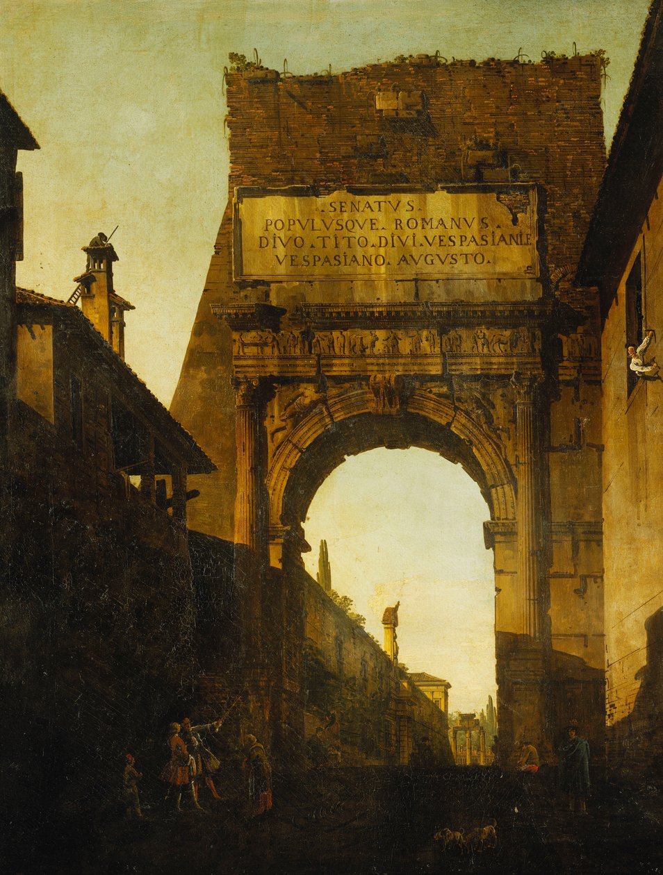 The Arch of Titus, Rome, with the Wall and Gate of the Farnese Gardens and the Temple of Castor and Pollux Beyond, Two Tourists in the Foreground by Bernardo Bellotto