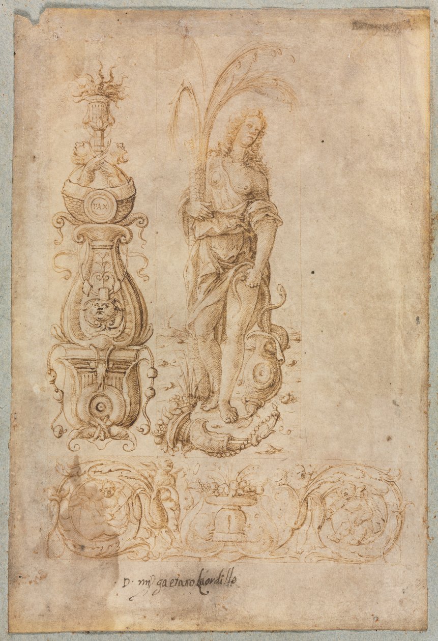 Design for a Candelabrum, Allegorical Figure of Abundance, Ornamental Relief Design by Bernardo Parentino