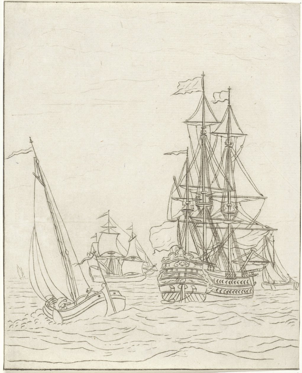 Warship and Three Sailing Ships on the Open Sea by Bernhard Schreuder
