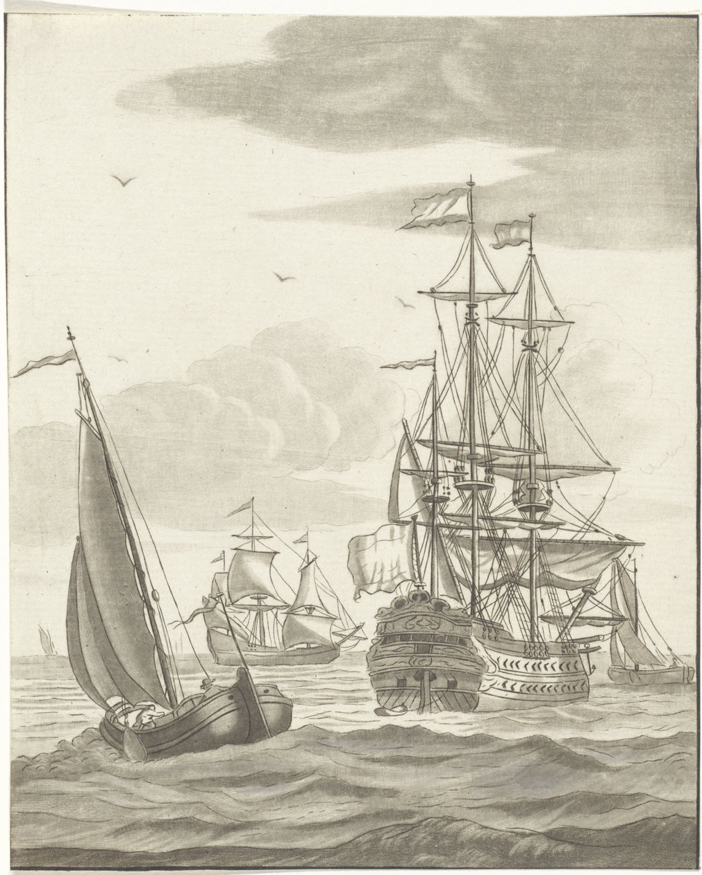 Warship and Three Sailing Ships on the Open Sea by Bernhard Schreuder