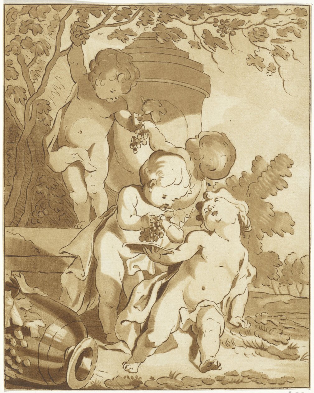 Four Putti Picking Grapes by a Vase by Bernhard Schreuder