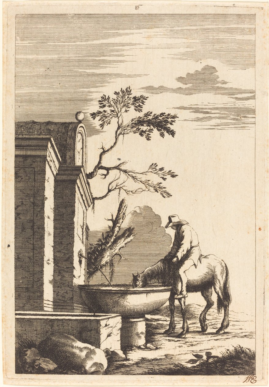 Horse and Rider at a Fountain by Bernhard Zaech after Jonas Umbach