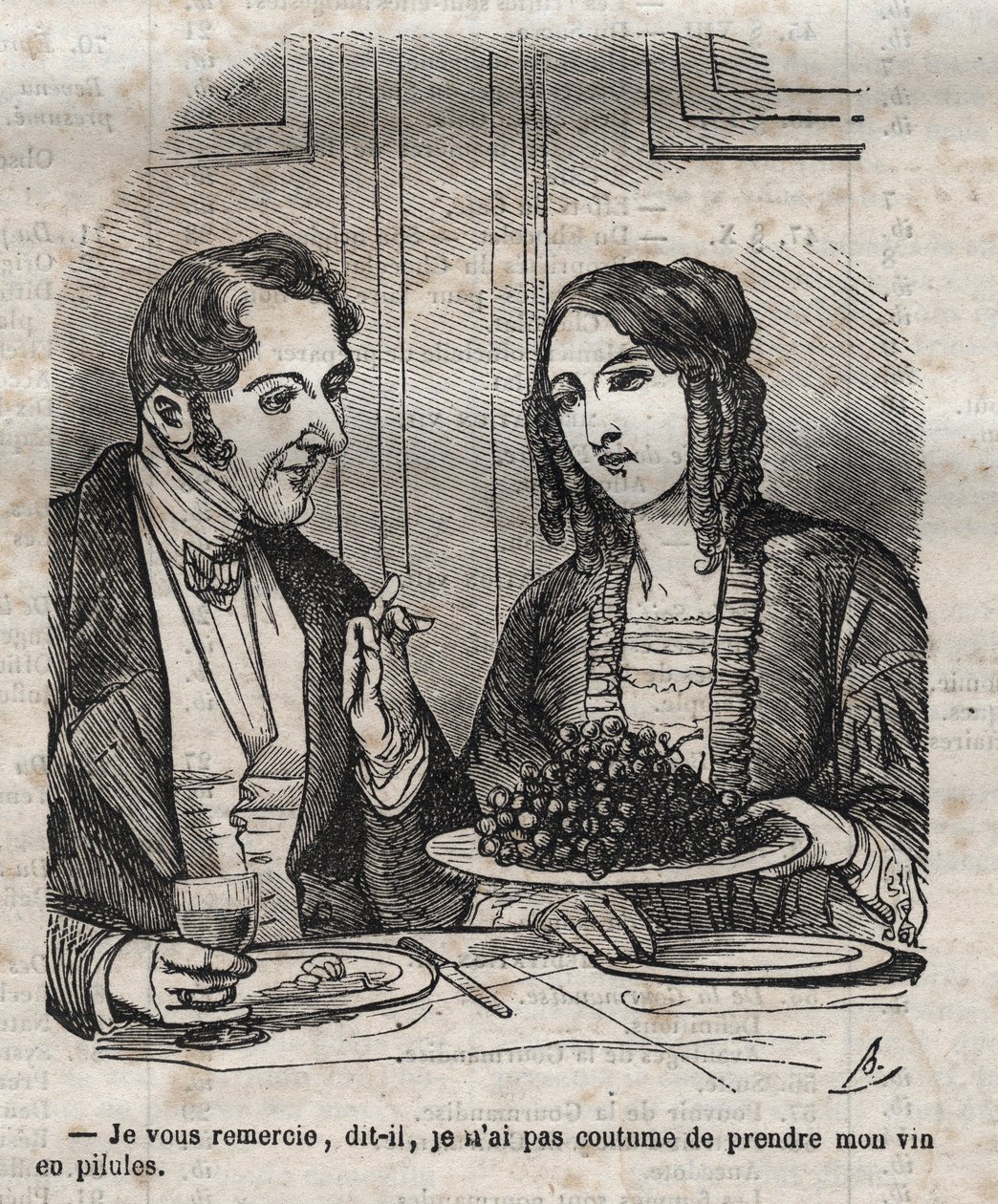 Thank you, I am not used to take my wine in pills (grape) - engraving in 
