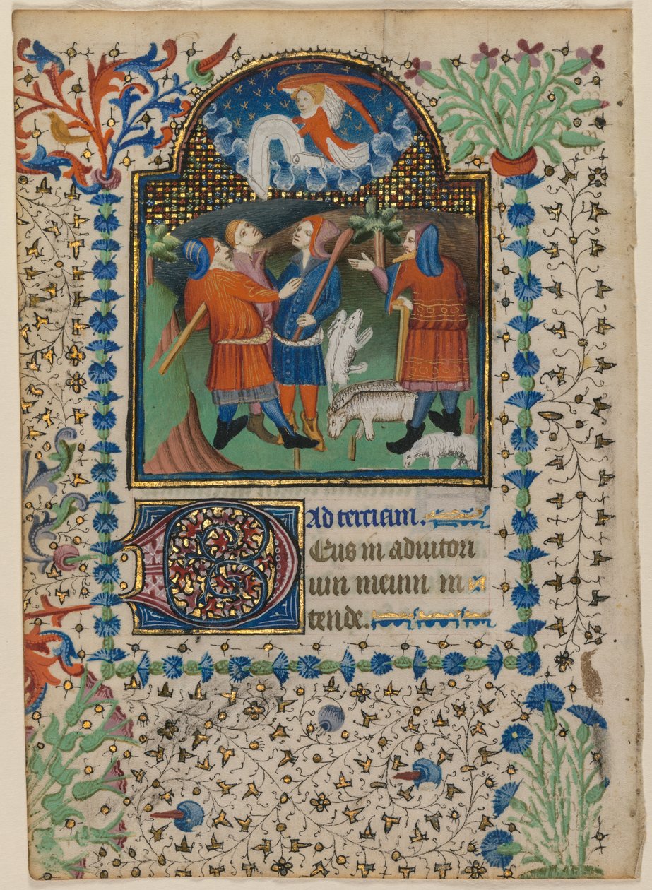 Leaf from a Book of Hours: Annunciation to the Shepherds (recto) and Text (verso), c. 1410-20 by Boethius Illuminator