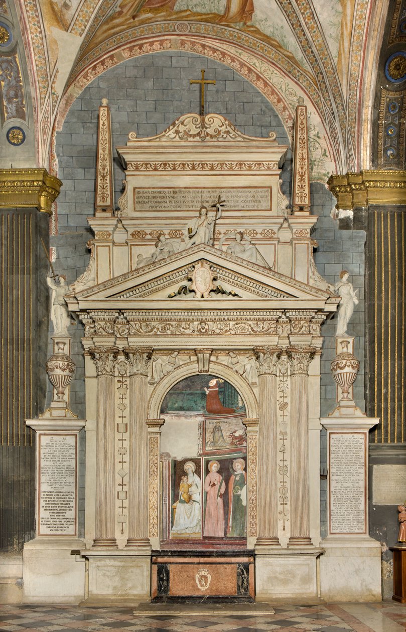 North Transept, Altar of St. Michael the Archangel, Behind the Altarpiece the Frescoes of Boniface Bembo, Virgin and Child Saint Aquilina and Saint Catherine of Alexandria, Above symbol of Humility by Bonifacio Bembo