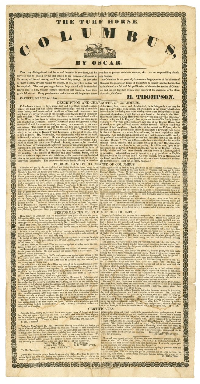 Stud Horse Poster Offering Turf Horse Columbus, Fayette, Mo., March 14, 1840 by Boon Democrat